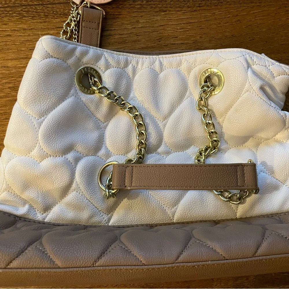 Betsey Johnson Cream and Tan Heart Quilted Bag with Pink Rose - Picture 9 of 9